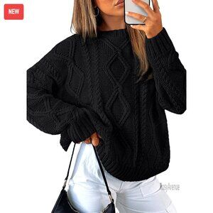 Oversized Cable Knit Pullover Sweater, Crew Neck, Long Sleeve, Cotton Blend